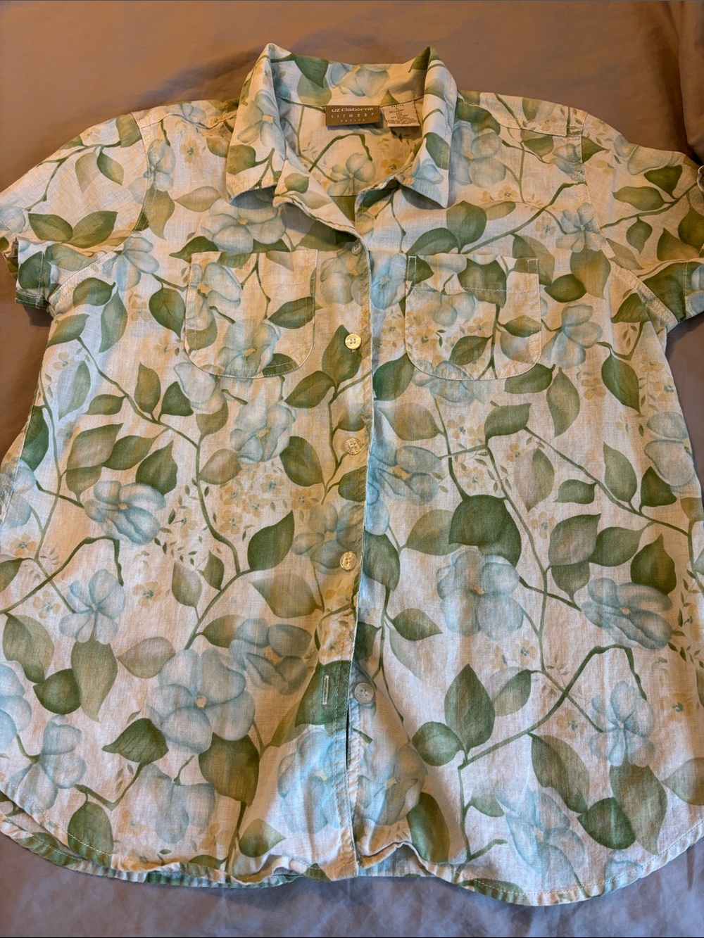 Liz Claiborne Floral Button-Front Top in Green and Light Blue